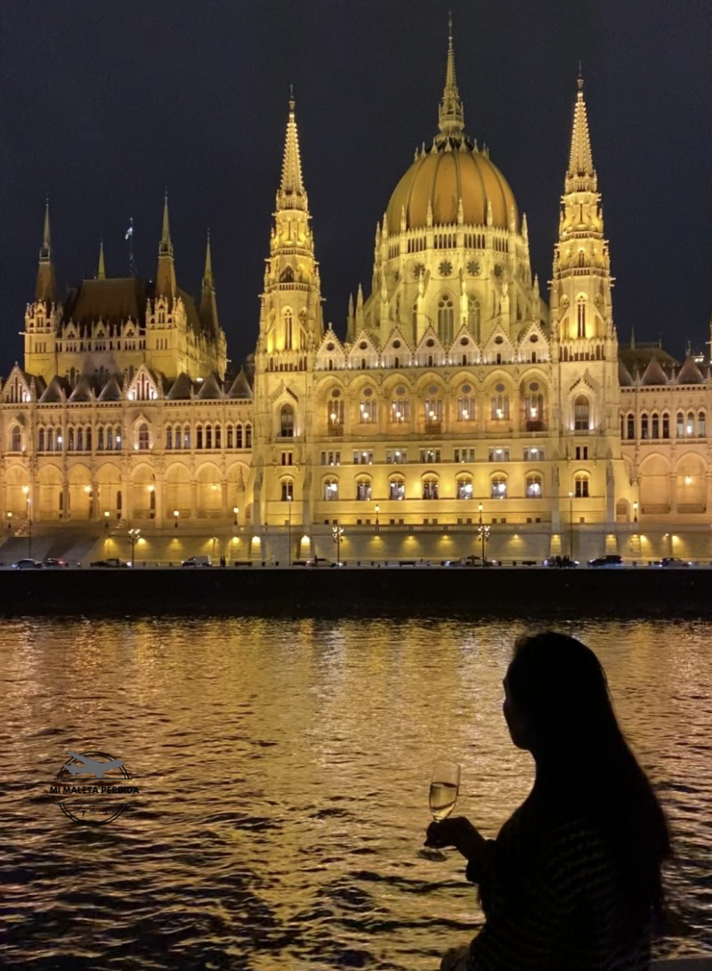 Con vistas del Parlamento de Budapest iluminado.