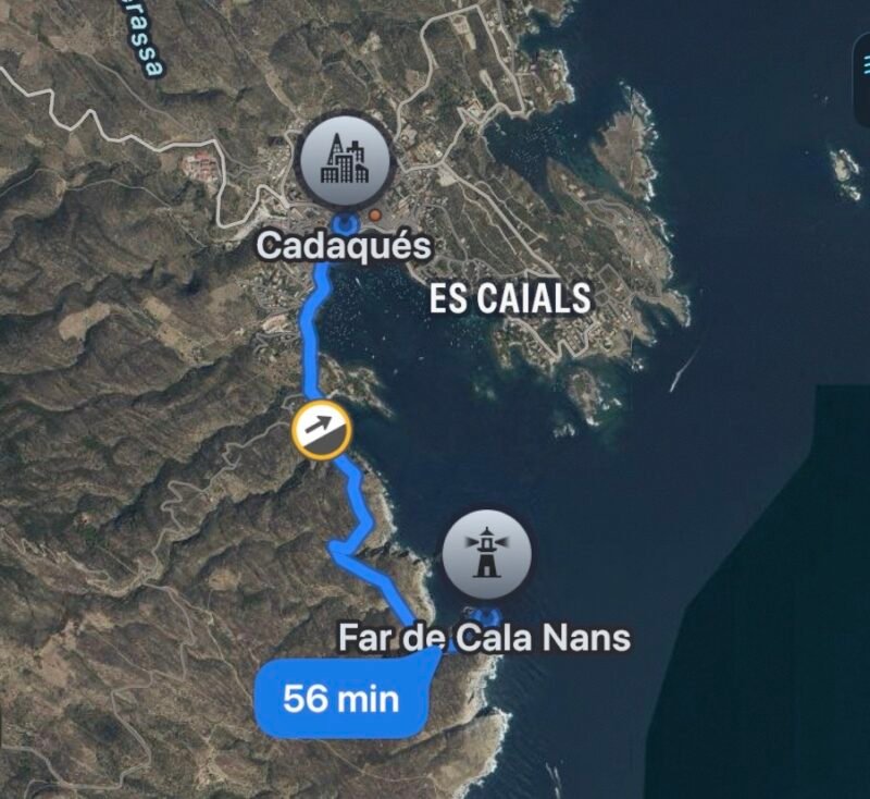Mapa de la ruta de Cadaqués al faro de Cala Nans.