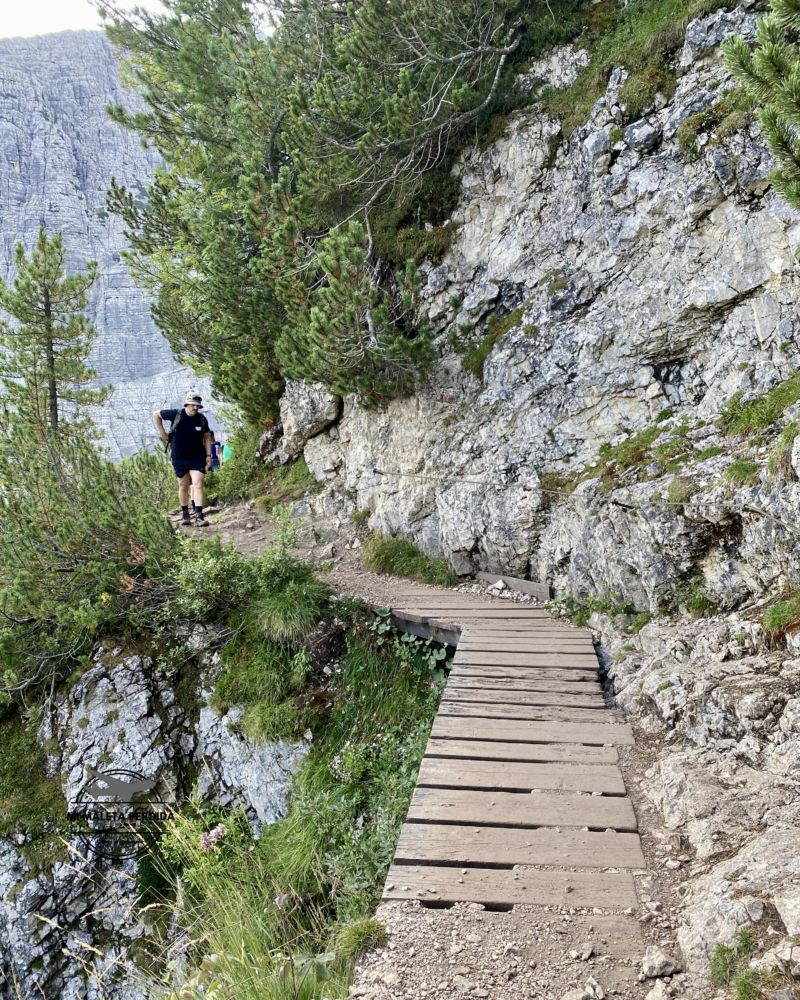 Pasarela de madera en el sendero 215. Dolomitas.