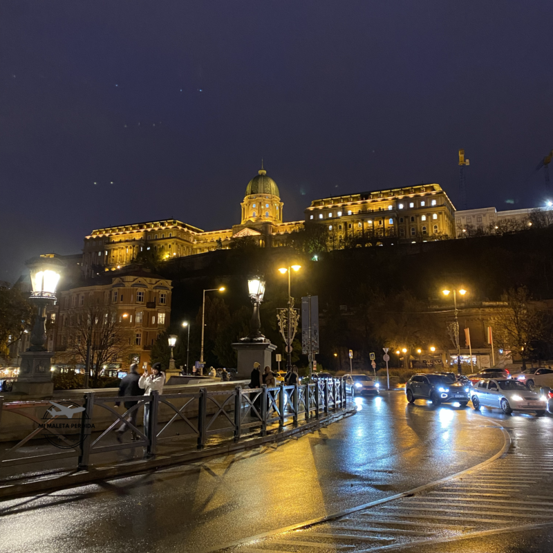 Castillo de Buda iluminado de noche.